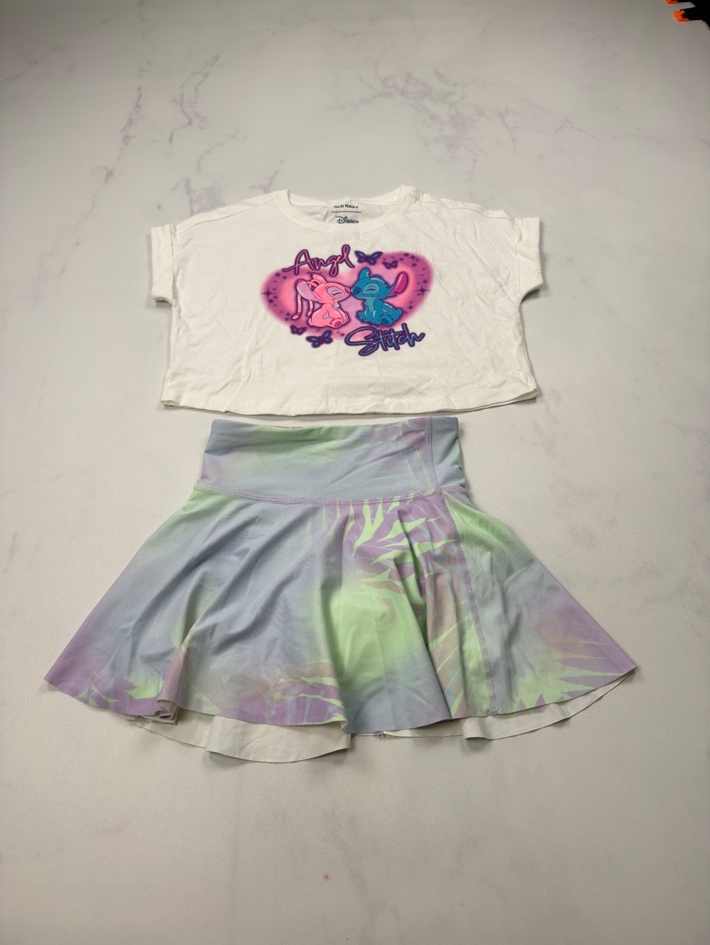 Old Navy x Disney T Shirt & Pastel Skirt White 2000s Graphic Lot - Girls M